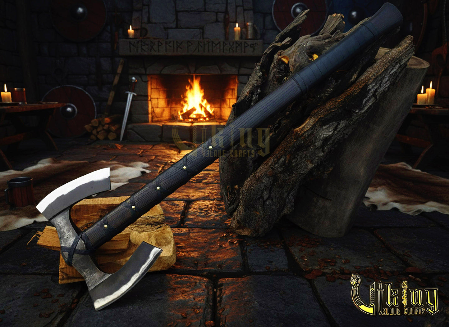 36" Double Bit Viking Axe - Hand Forged Carbon Steel & Leather Cover