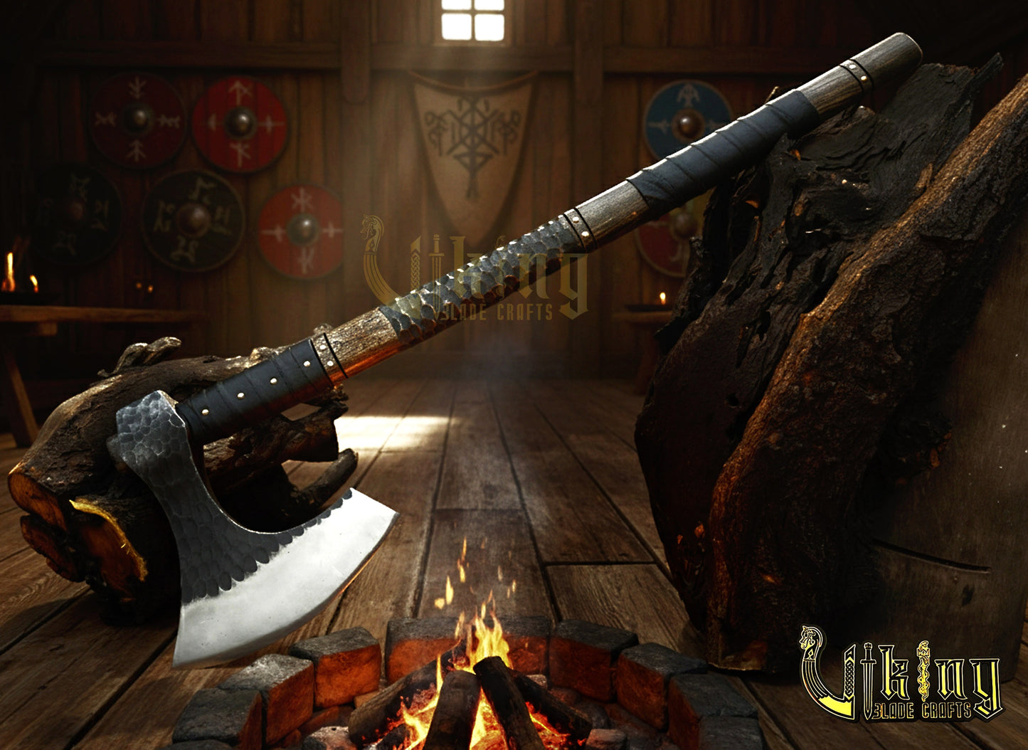 Handmade Vegvisir 36" Viking Axe & Rune-Engraved Valknut – Norse Warrior Axe