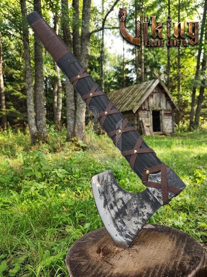 True Hand-Forged Viking Bearded Axe 30" | Leather-Wrapped Corrugated Skeggøx