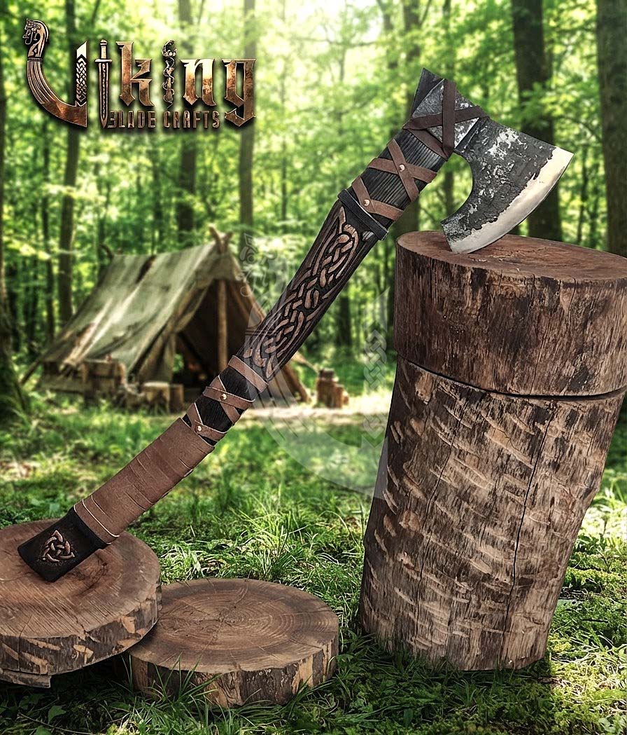 Oseberg-Style Viking Axe 30" | Hand-Forged Bearded Axe with Knotwork