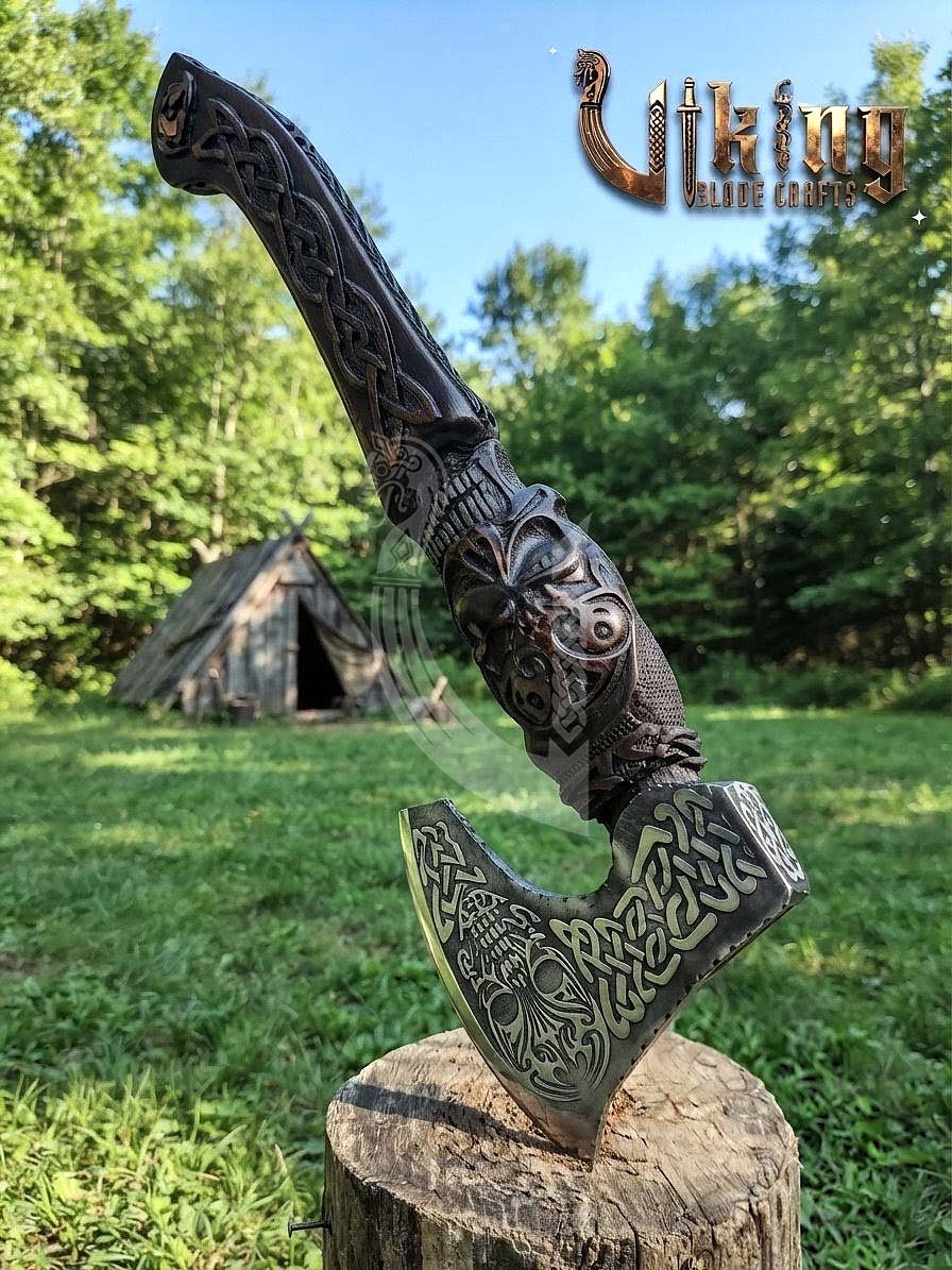 Hand-Forged 23" Norse Skull Carved Rosewood Axe | Skull Etched