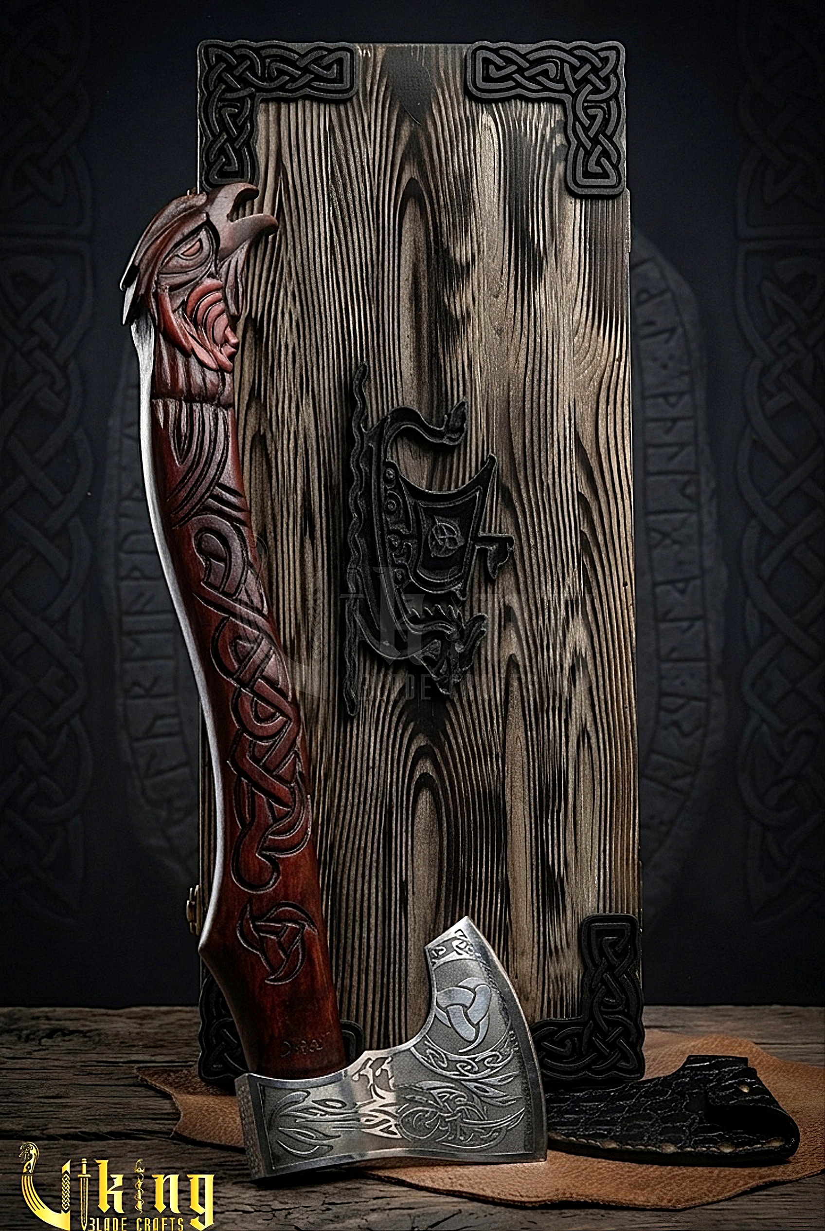 raven themed Viking axe with leather sheath and wooden grip