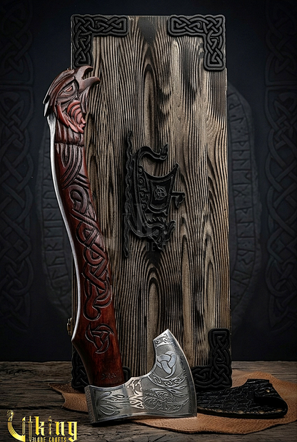 raven themed Viking axe with leather sheath and wooden grip