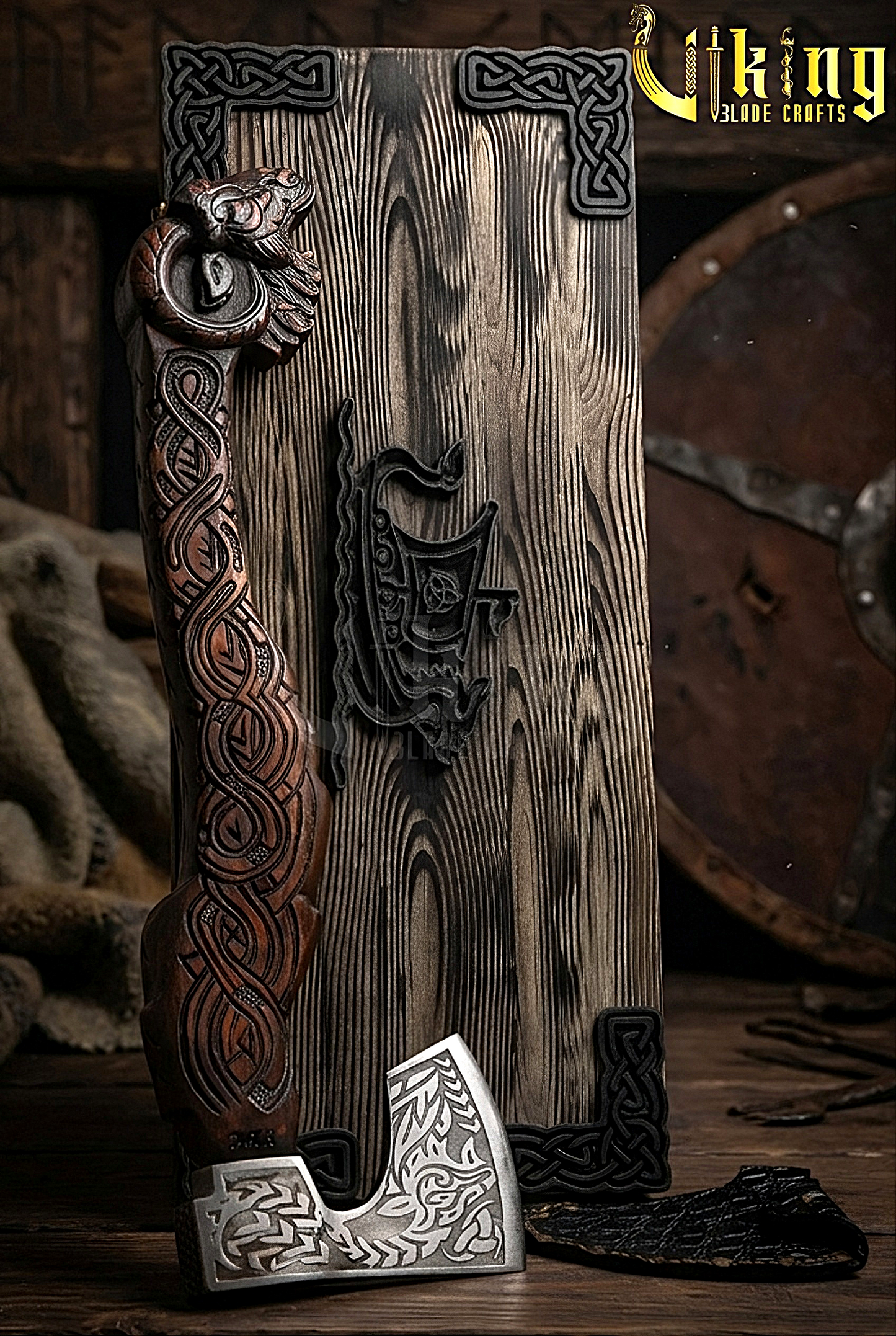 geit handle axe with custom hand carving and forged steel head
