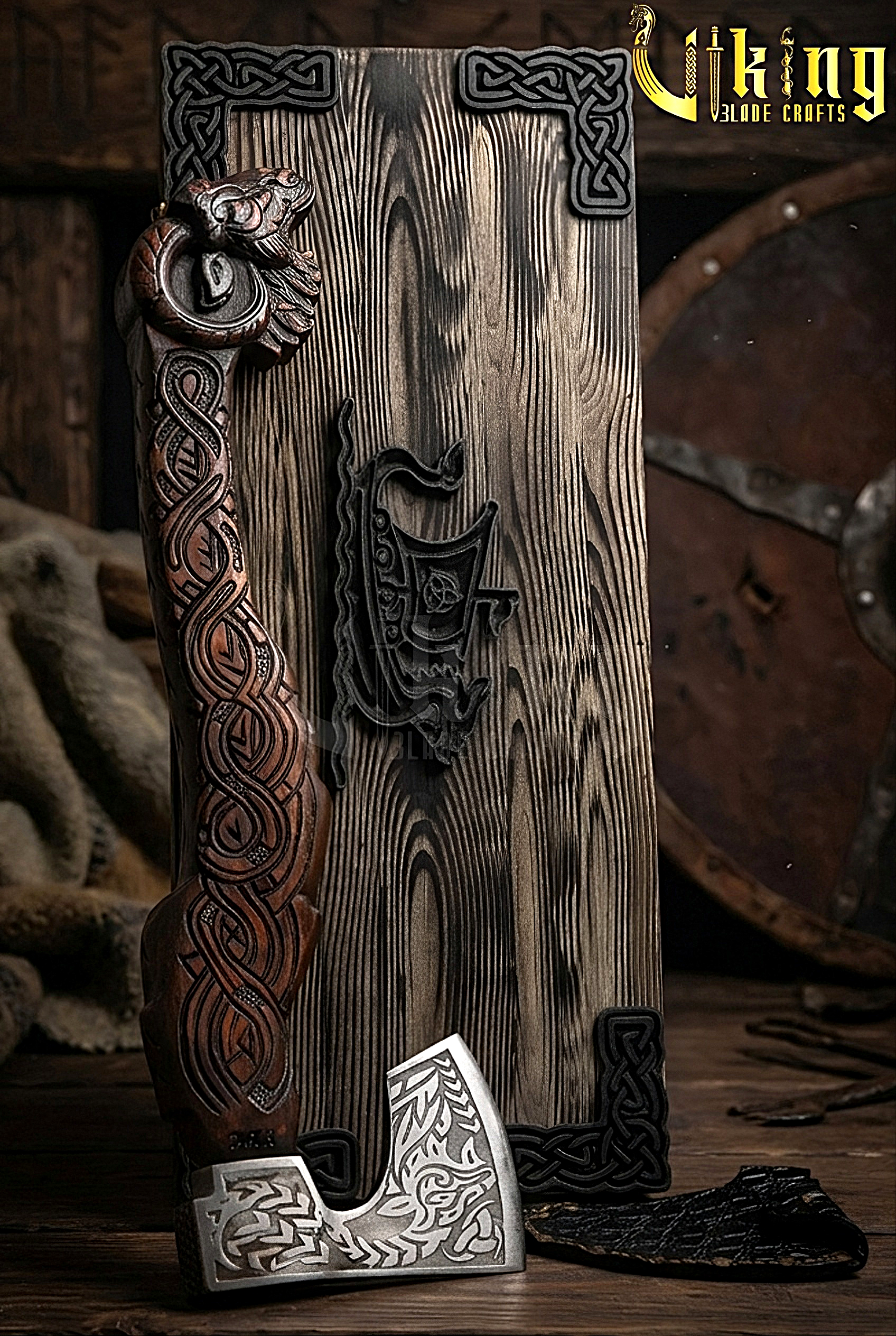 geit handle axe with custom hand carving and forged steel head