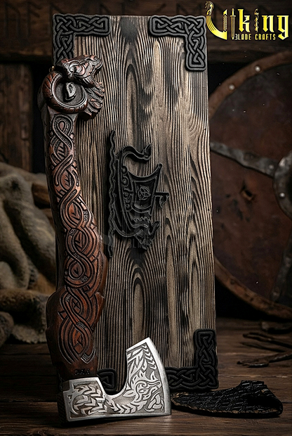 geit handle axe with custom hand carving and forged steel head