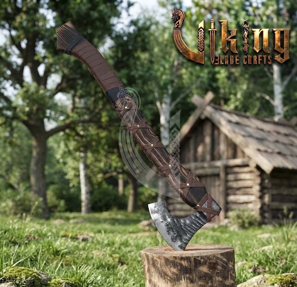 True Hand-Forged Viking Bearded Axe 30" | Leather-Wrapped Recurve Skeggøx