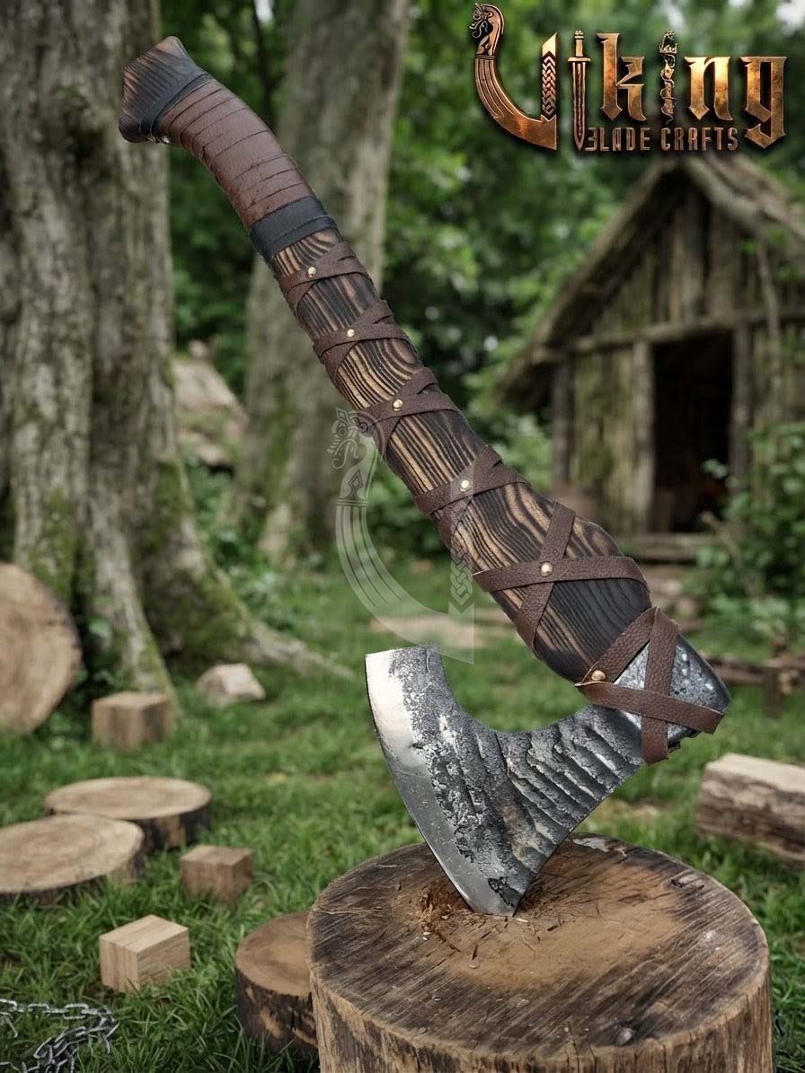 True Hand-Forged Viking Bearded Axe 30" | Leather-Wrapped Fanned Skeggøx