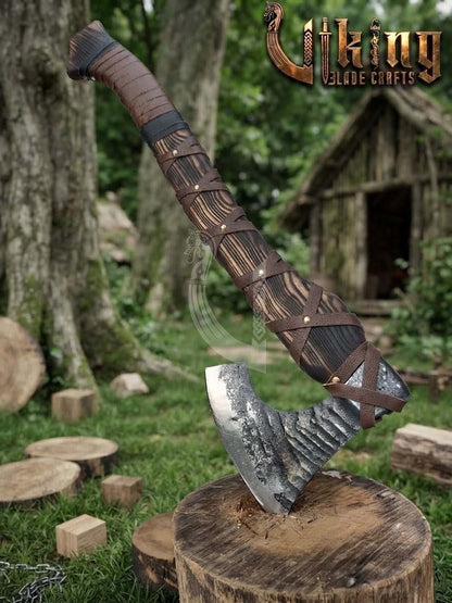 True Hand-Forged Viking Bearded Axe 30" | Leather-Wrapped Fanned Skeggøx