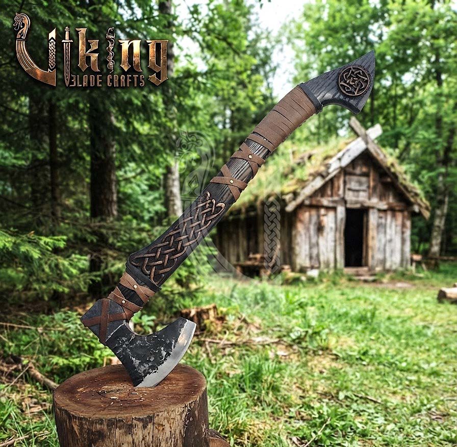 Hand-Forged Viking Bearded Axe 30" | Urnes-Style Knotwork Carved Ashwood