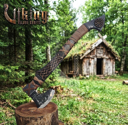 Hand-Forged Viking Bearded Axe 30" | Urnes-Style Knotwork Carved Ashwood