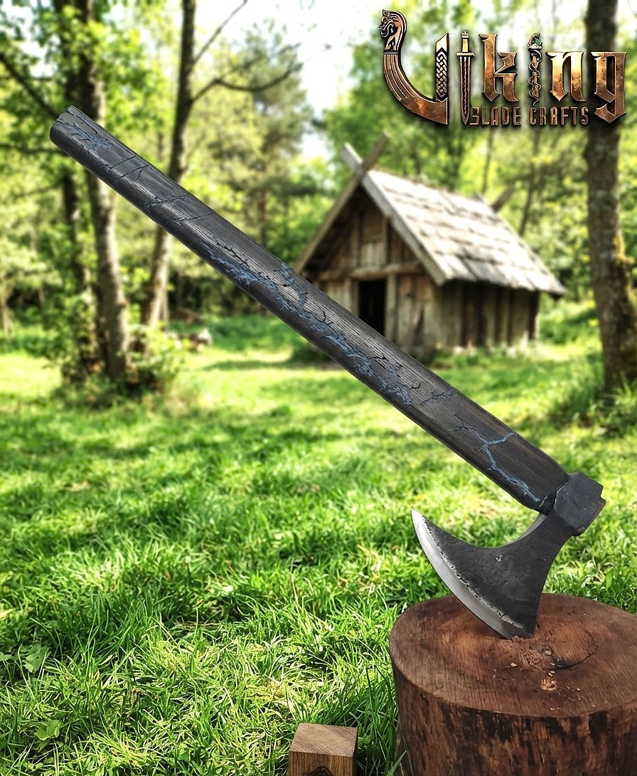 Ragnar-Inspired Viking Axe | Blue Engraved Ashwood Handle