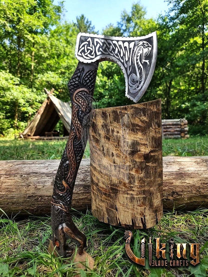The Jormungandr Wrath 23" Hand-Forged Norse Serpent Carved Rosewood Axe