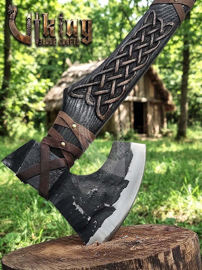 Hand-Forged Viking Bearded Axe 30" | Norse Knotwork Carved Curved Ashwood