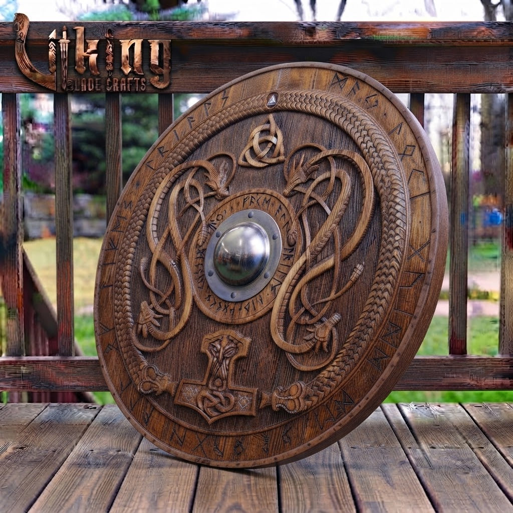 The Thunderer’s Bastion: Mjölnir & Twin Dragon Relief Viking Shield