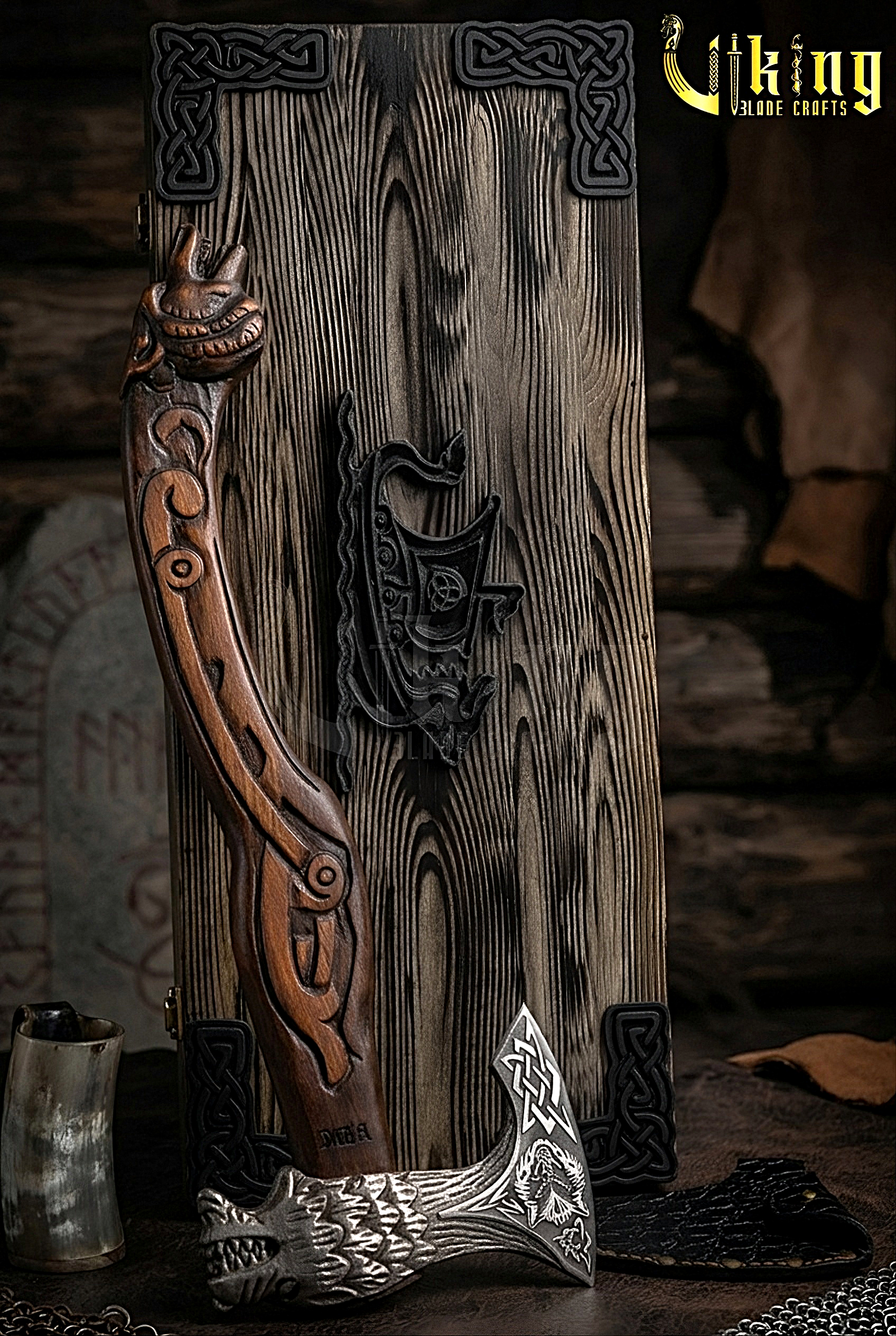 Viking axe inspired by Fenrir with carved wooden handle