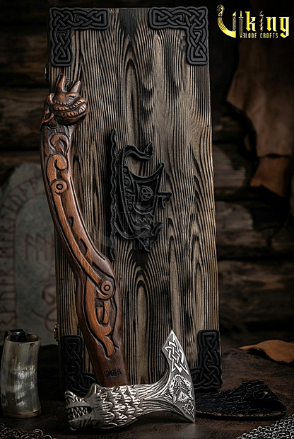 Viking axe inspired by Fenrir with carved wooden handle