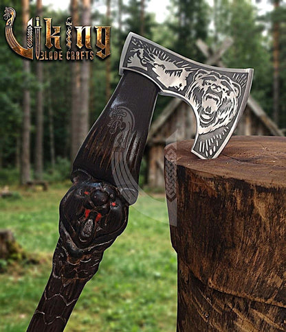 Bjorn Bear Viking Axe | Hand Carved Handle | Forged Steel