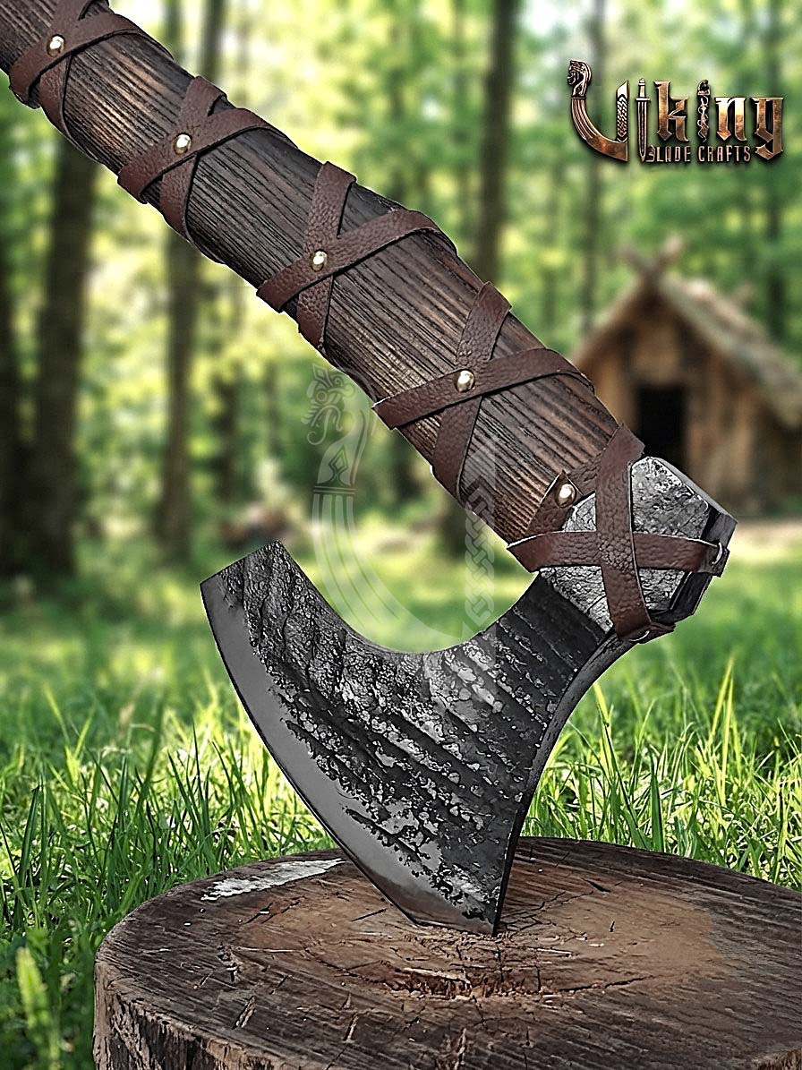 True Hand-Forged Viking Bearded Axe 30" | Leather-Wrapped Upswept Skeggøx