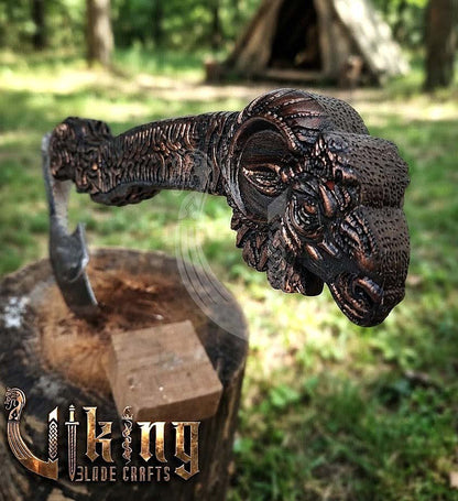 Hand-Forged 23" Norse Goat Carved Rosewood Axe | Goat Etched