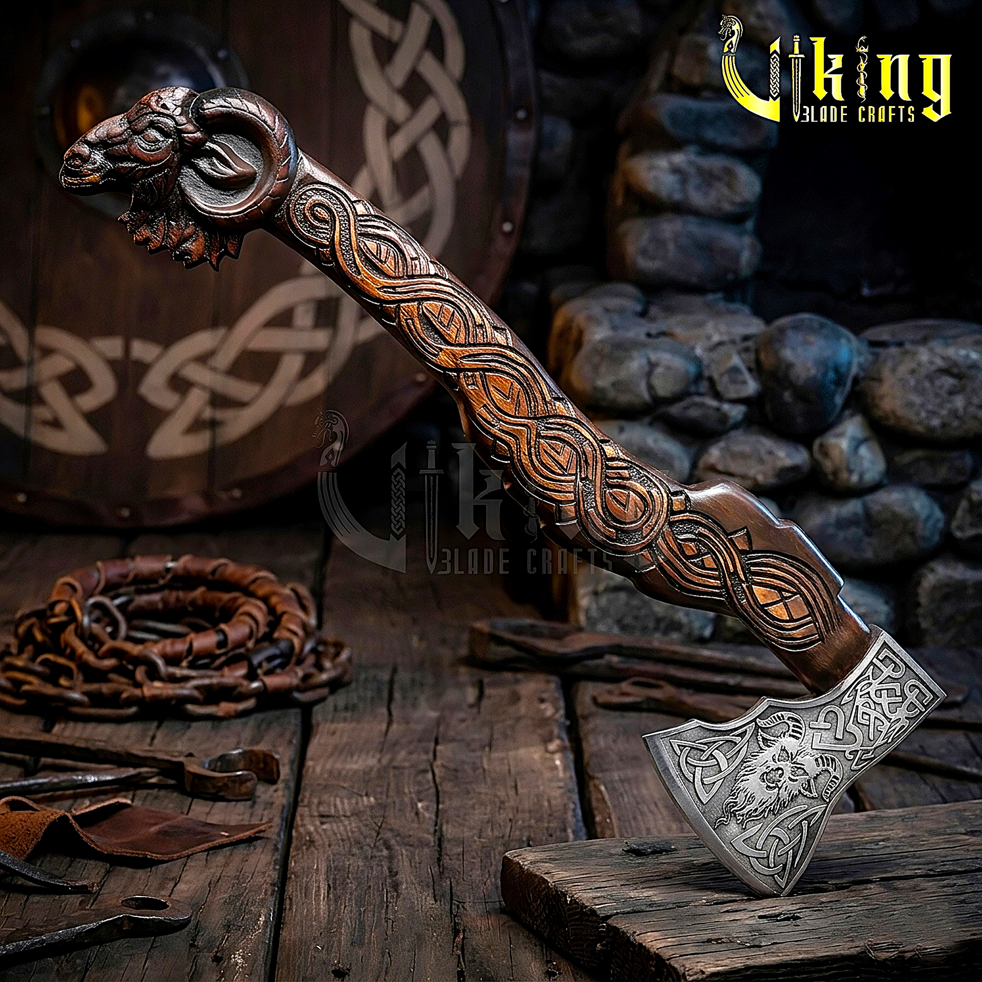 hand carved raven handle Viking axe made from forged steel