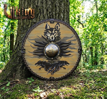 Fenrir's Pack Leather-Trimmed Wolf Viking Shield