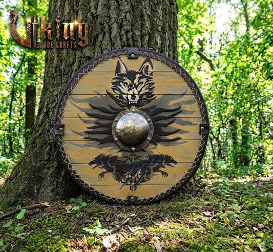 Fenrir's Pack Leather-Trimmed Wolf Viking Shield