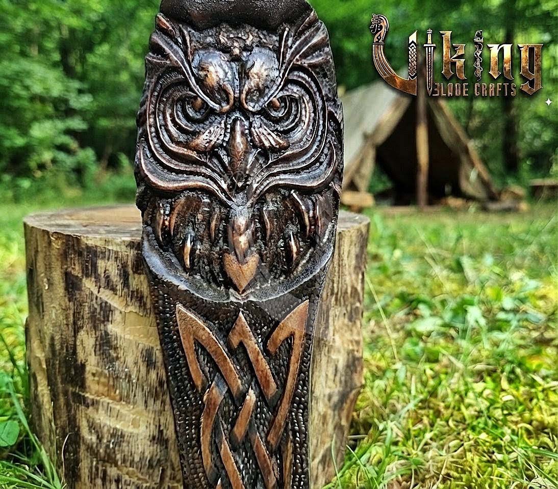 Norse Owl 23" Rosewood Axe | Hand-Forged & Carved Viking Axe