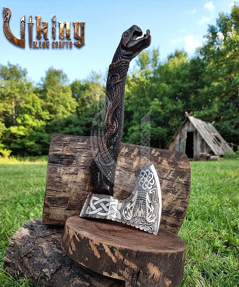 Hand-Forged Norse Serpent Carved Rosewood Axe 23" | Serpent Etched