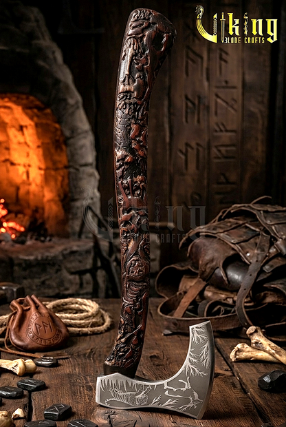 nature inspired Viking axe with carved wooden handle