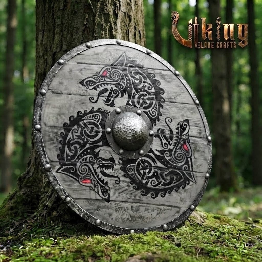 The Fenrir's Eclipse Hand-Painted Triple Wolf Viking Shield