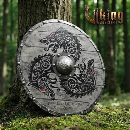 The Fenrir's Eclipse Hand-Painted Triple Wolf Viking Shield