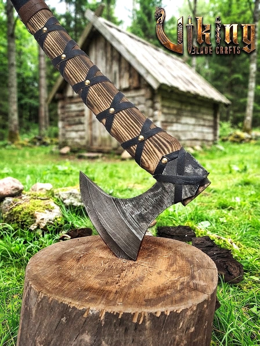 Ragnar-Inspired Damascus Viking Axe | Curved Ashwood Leather-Wrapped