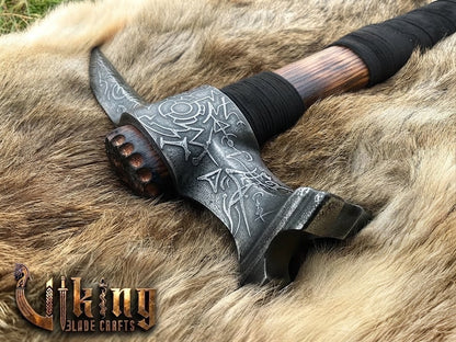 Skull War Hammer - Compact Engraved Carbon Steel Viking Hammer