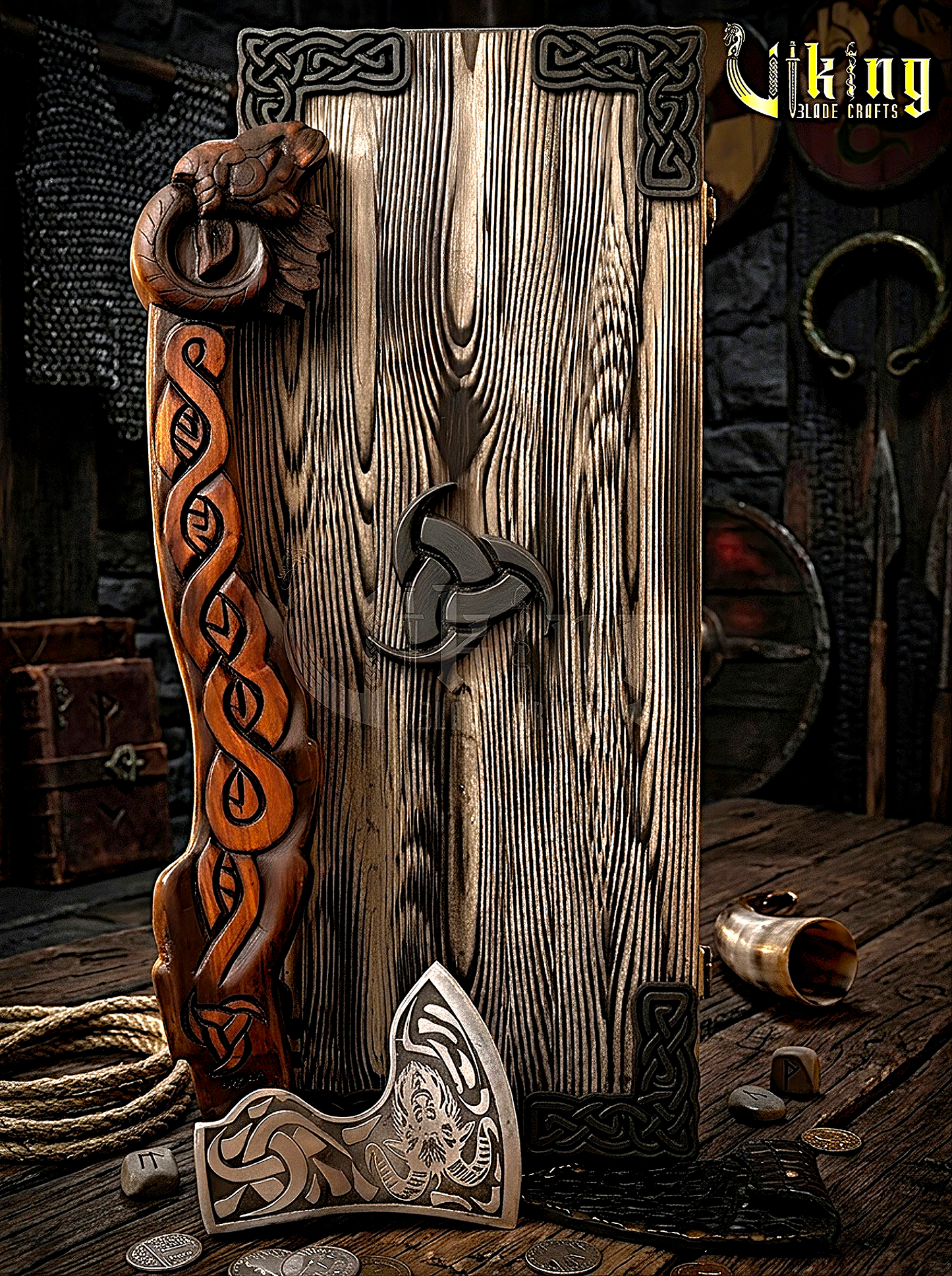 Viking geit axe with handcrafted rosewood handle and leather sheath