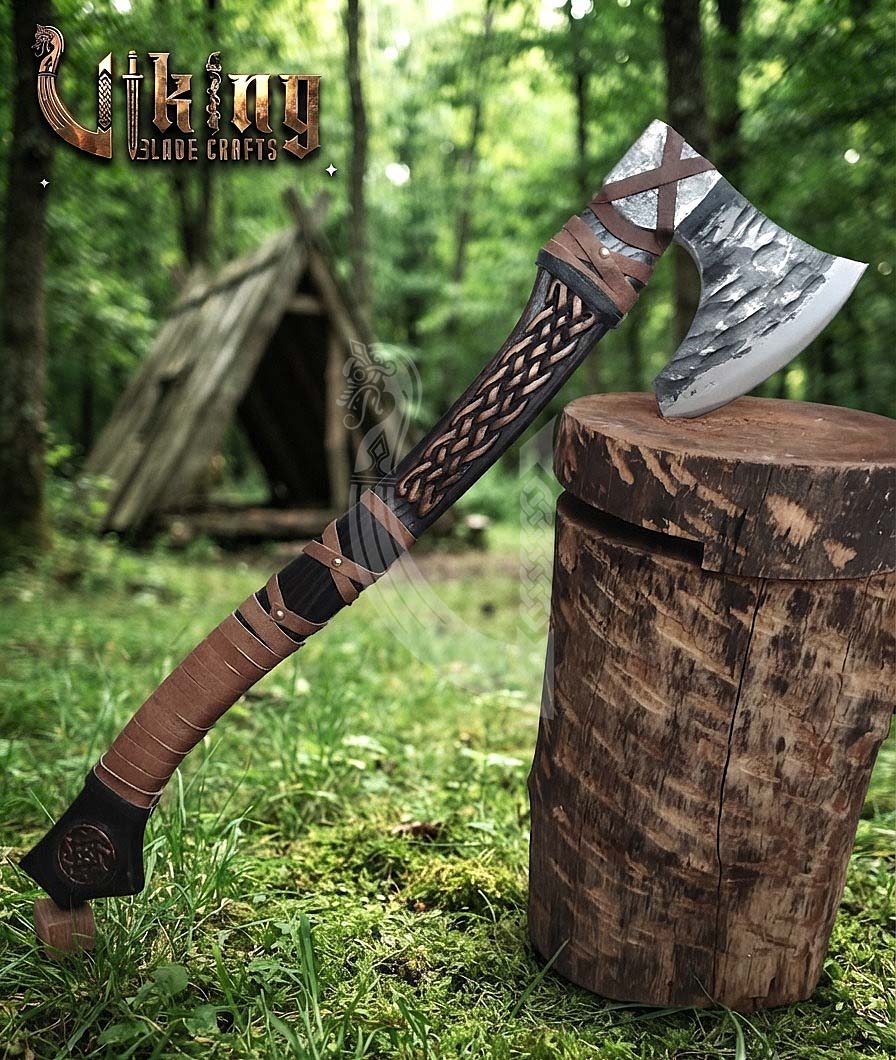 Jelling-Style Viking Bearded Axe 30" | Curved Carved Haft & Flat Poll
