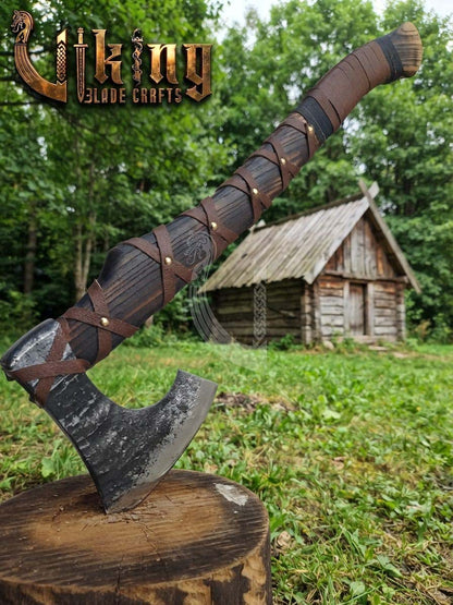 True Hand-Forged Viking Bearded Axe 30" | Leather-Wrapped S-Curve Skeggøx