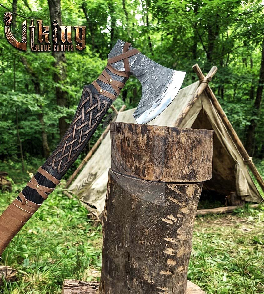 Ringerike-Style Viking Bearded Axe 30" | Curved Carved Haft & Flat Poll