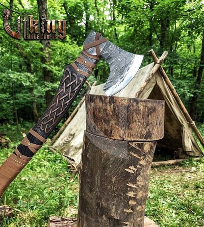 Ringerike-Style Viking Bearded Axe 30" | Curved Carved Haft & Flat Poll