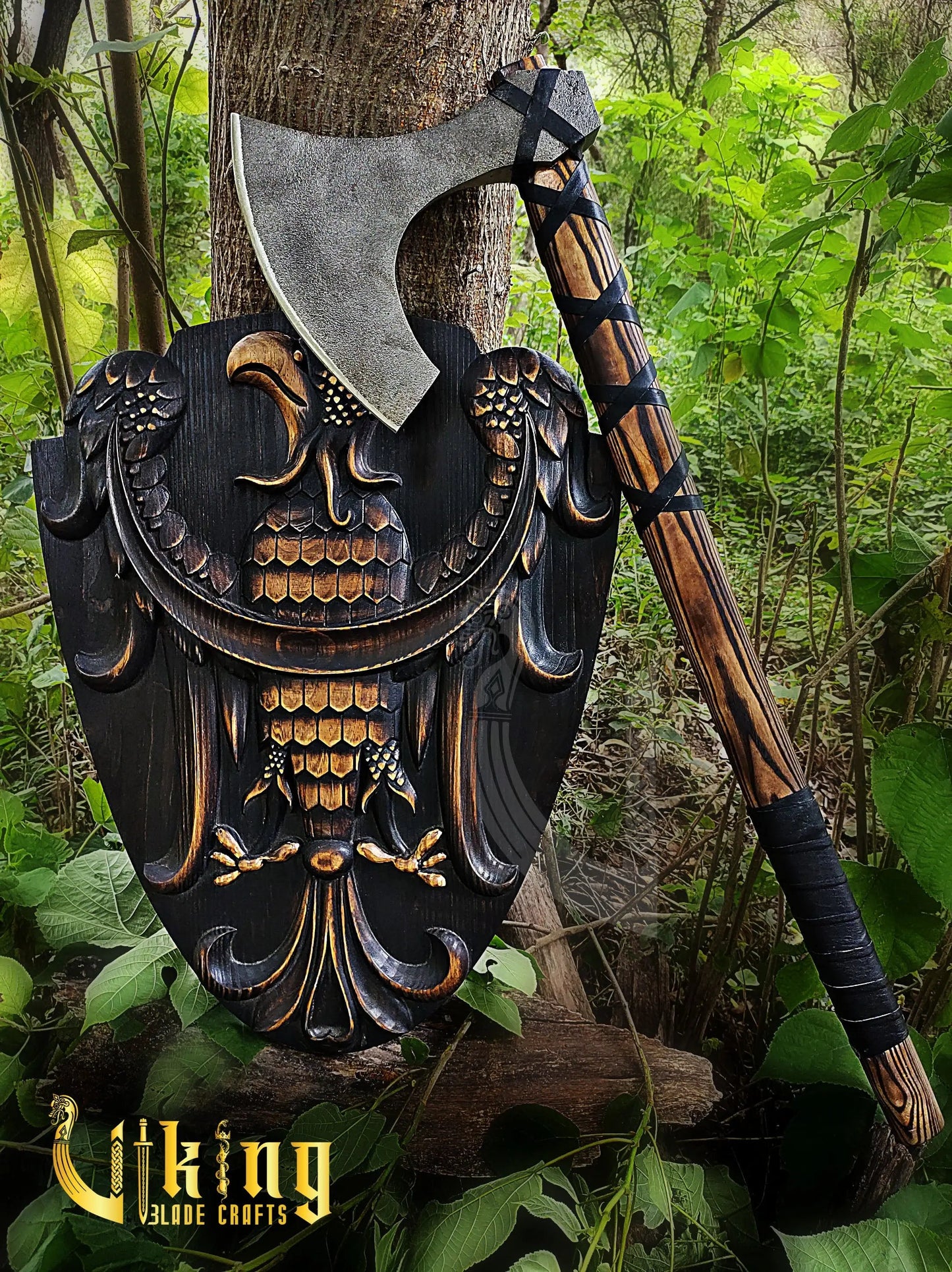 Handmade 36" Long Viking Battle Axe – High Carbon Steel Blade & Carved Raven Shield Viking_Blade_Crafts
