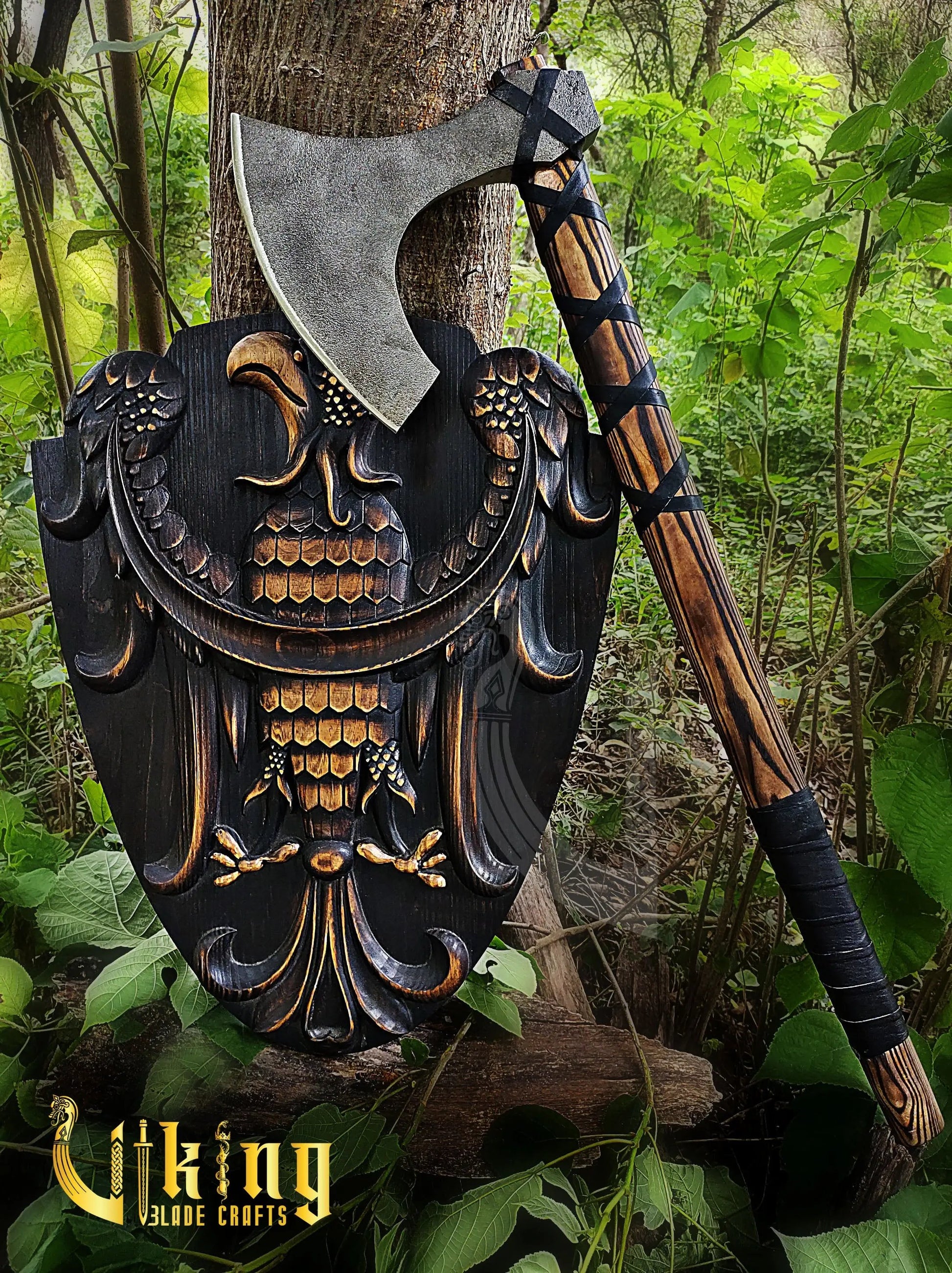 Handmade 36" Long Viking Battle Axe – High Carbon Steel Blade & Carved Raven Shield Viking_Blade_Crafts