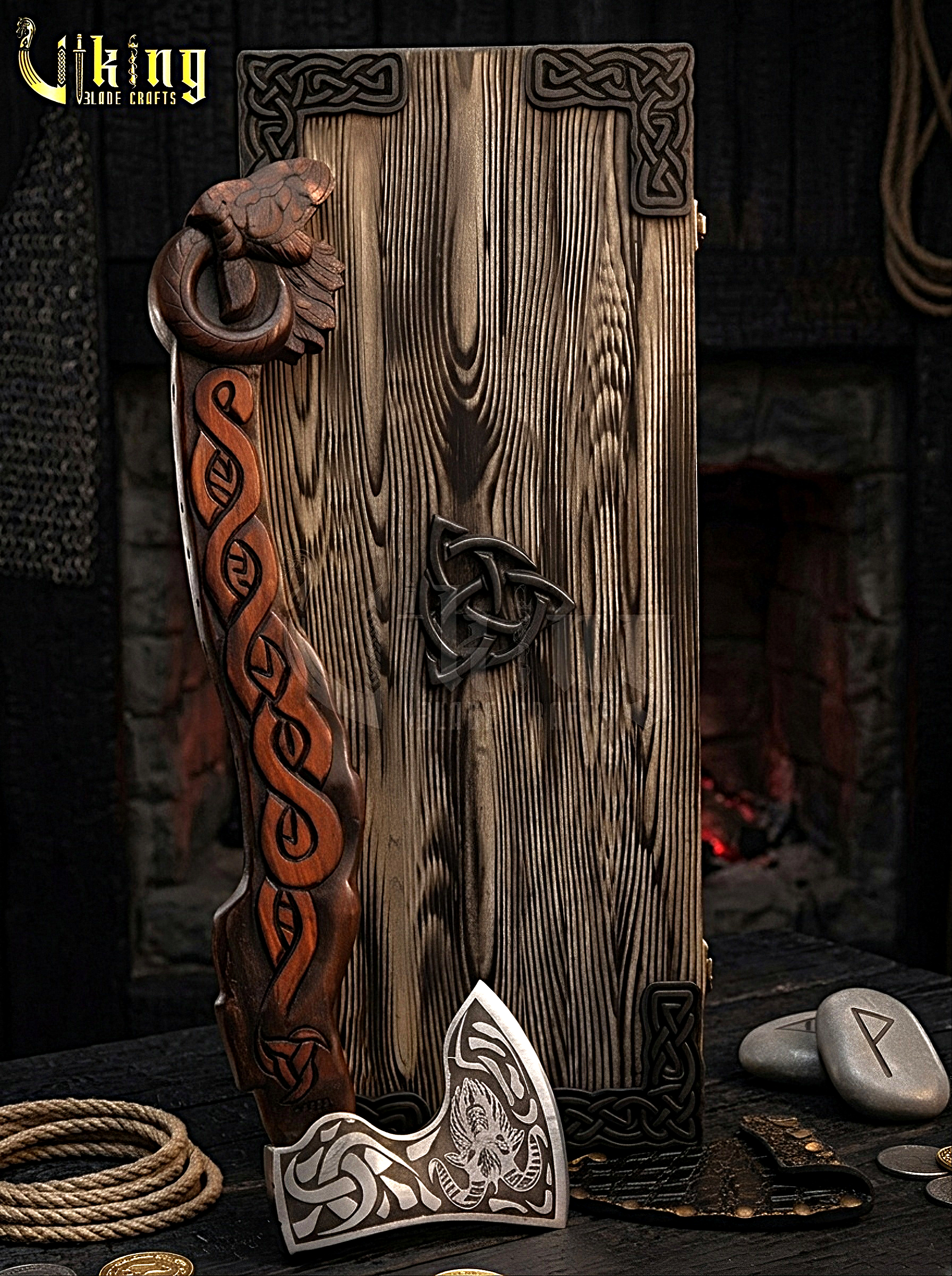 goat totem Viking axe with detailed hand carving and forged steel