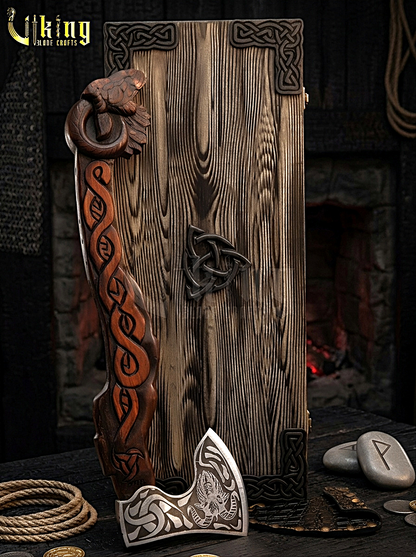 goat totem Viking axe with detailed hand carving and forged steel