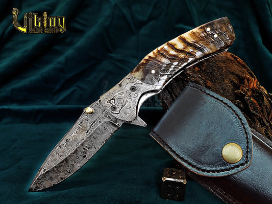 Hand-Forged Artisan Damascus Steel Folding Knife | Raindrop Pattern | Ram Horn Handle