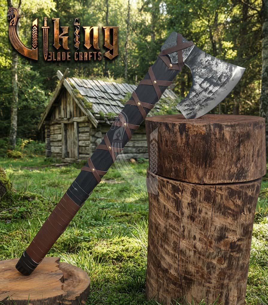 True Hand-Forged Viking Bearded Axe 30" | Leather-Wrapped Corrugated Skeggøx