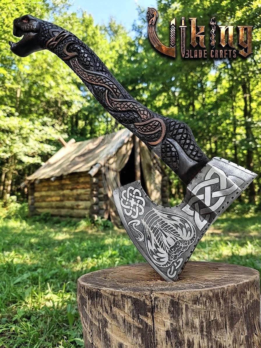 Hand-Forged Norse Serpent Carved Rosewood Axe 23" | Serpent Etched