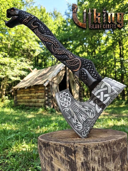 Hand-Forged Norse Serpent Carved Rosewood Axe 23" | Serpent Etched