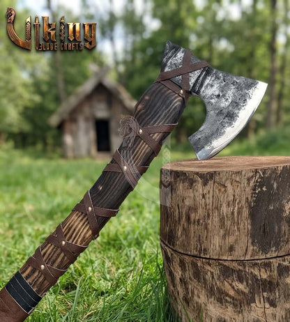 True Hand-Forged Viking Bearded Axe 30" | Leather-Wrapped Sculpted Skeggøx