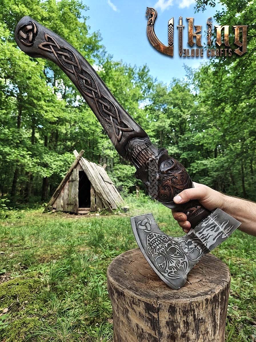 The Garmr’s Howl 23" Hand-Forged Skull Carved Rosewood Axe