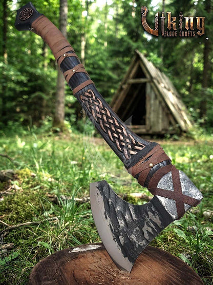 Jelling-Style Viking Bearded Axe 30" | Curved Carved Haft & Flat Poll